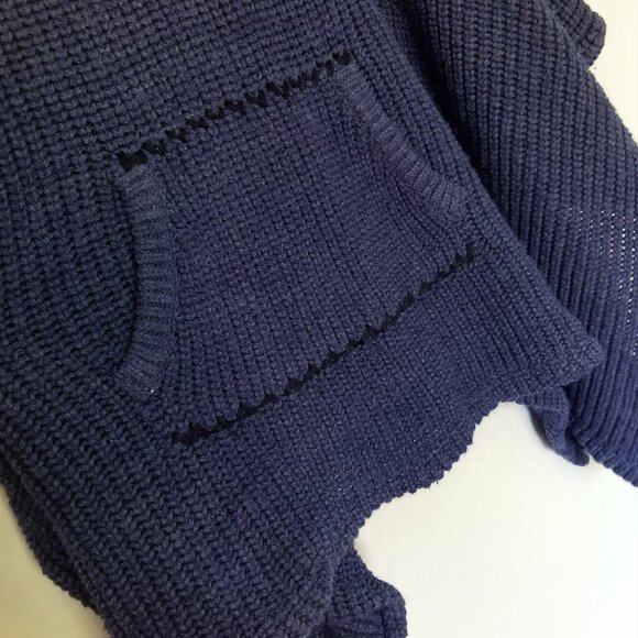 Free People Hooded Chunky Knit Oversized Poncho Ribbed Knit Pocket Navy Blue OS - Picture 12 of 16